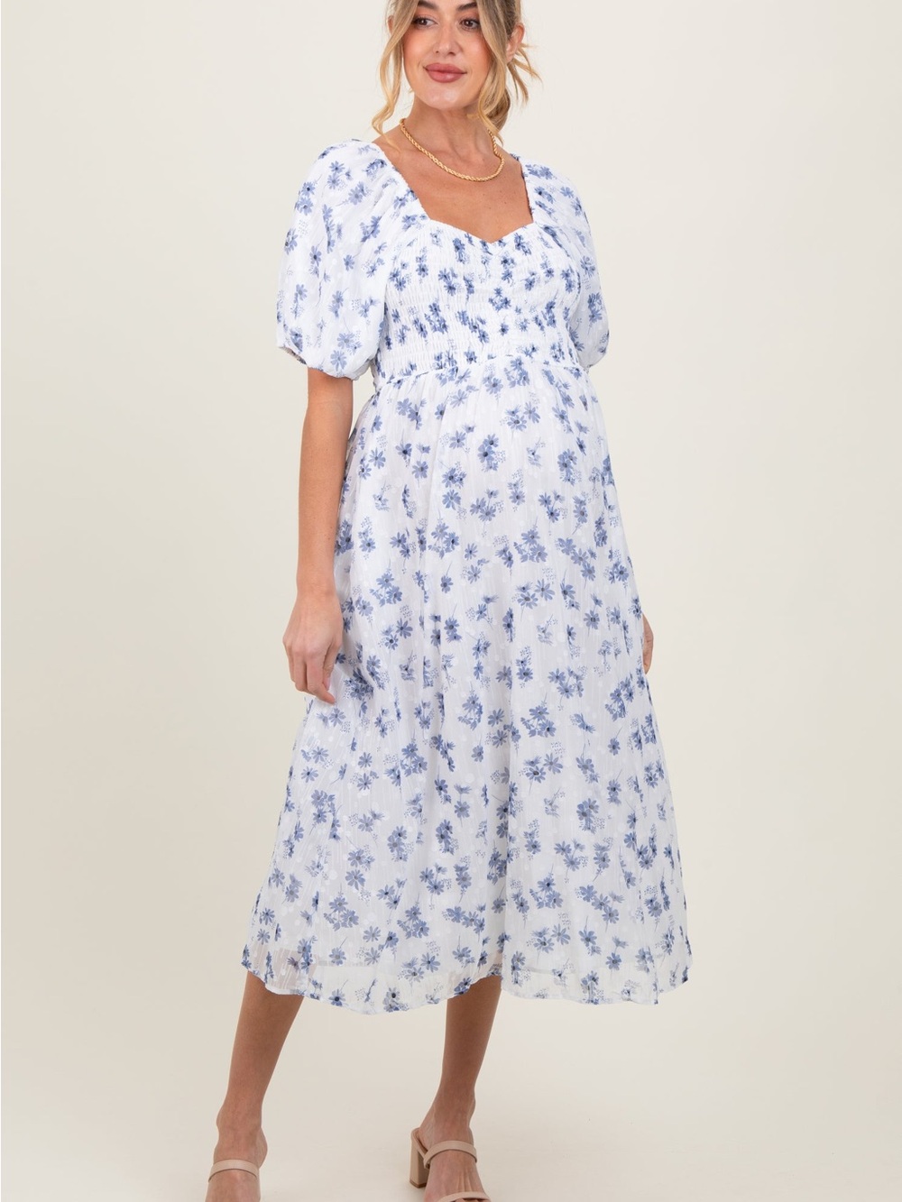 Blue Floral Smocked Bodice Maternity Midi Dress
